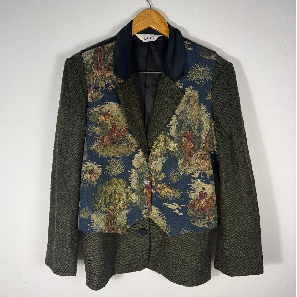 Koret Vintage Herringbone Blazer and Equestrian Tapestry Vest Set Green 2pc